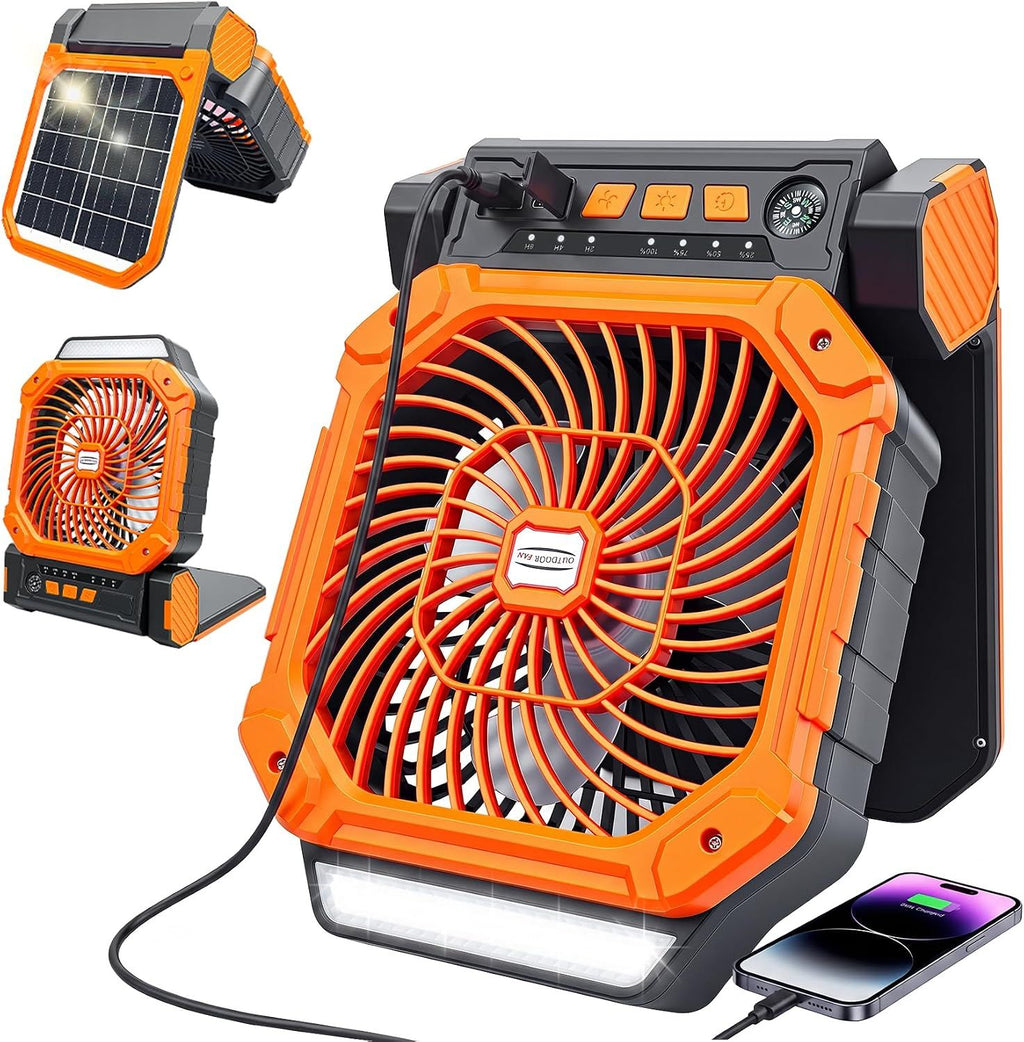 Four Function Solar Camping Fan with LED Light and Compass, Rechargeable Portable Tent Fan with 4 Speeds and 3 Timer Settings