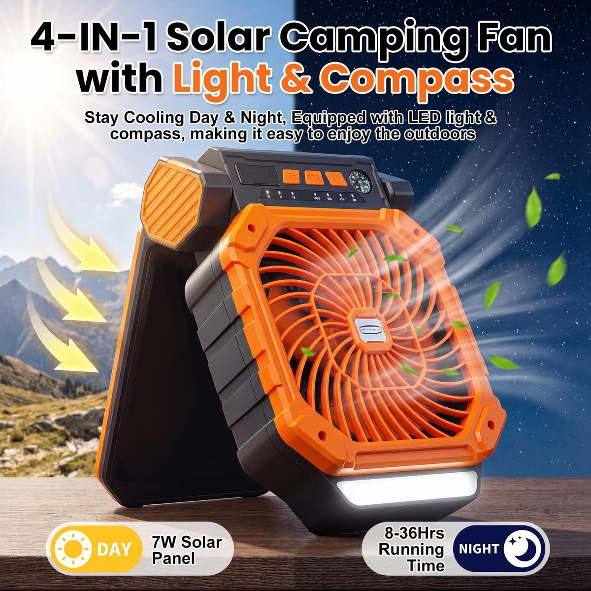 Four Function Solar Camping Fan with LED Light and Compass, Rechargeable Portable Tent Fan with 4 Speeds and 3 Timer Settings