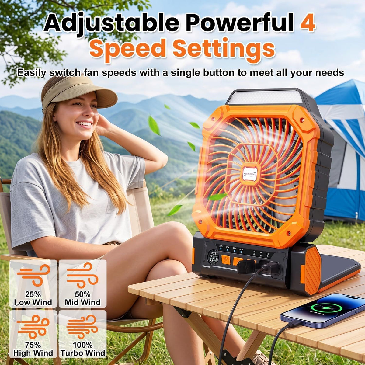 Four Function Solar Camping Fan with LED Light and Compass, Rechargeable Portable Tent Fan with 4 Speeds and 3 Timer Settings