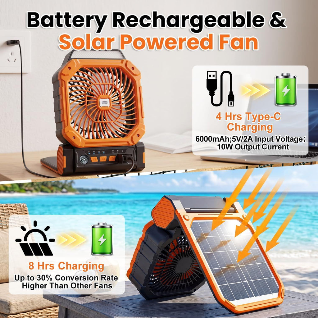 Four Function Solar Camping Fan with LED Light and Compass, Rechargeable Portable Tent Fan with 4 Speeds and 3 Timer Settings