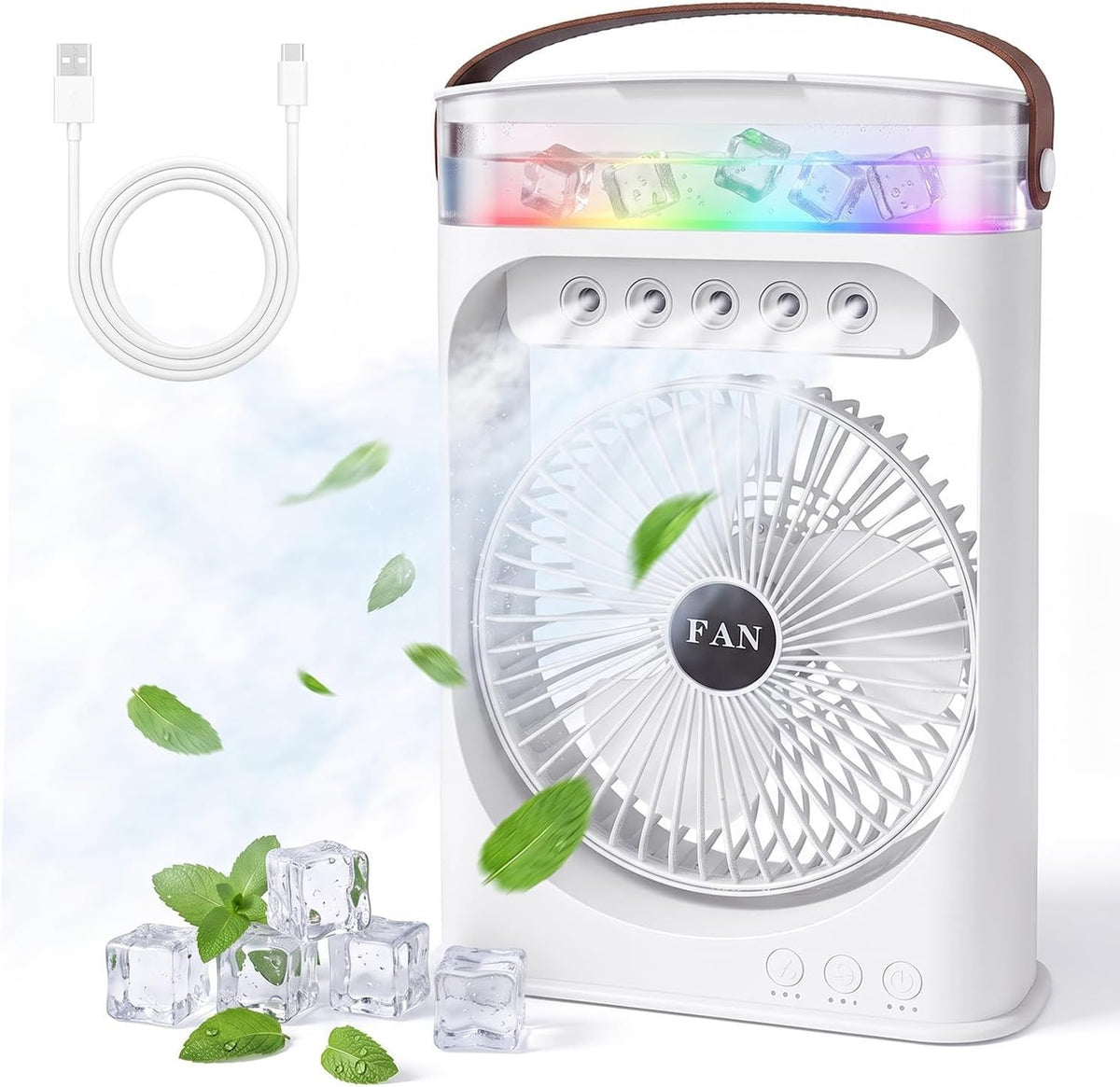 Portable Misting Camping Fan with Water Tank and LED Light, Rechargeable Battery Powered Fan for Tents, Patio, Bedroom and Outdoor Use