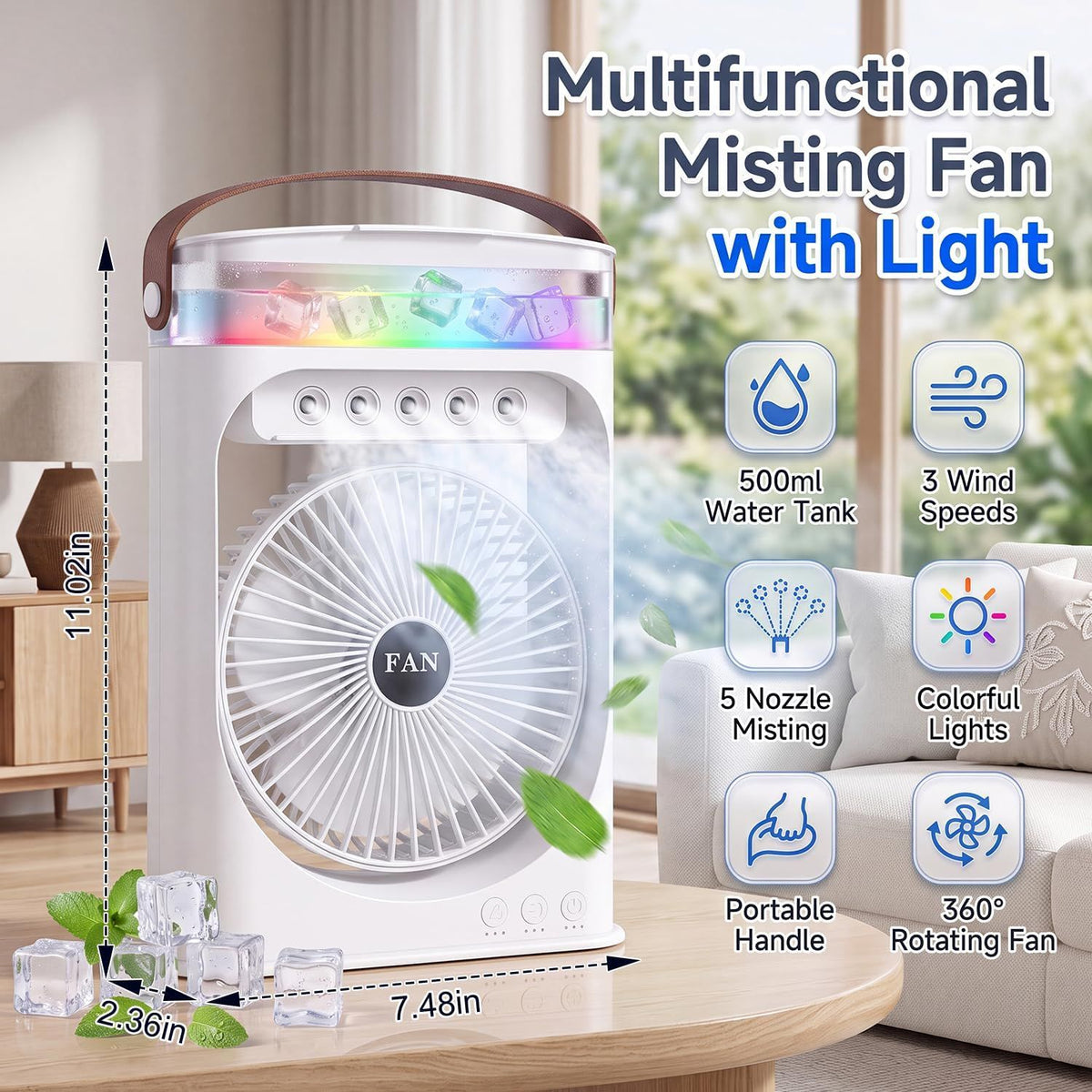 Portable Misting Camping Fan with Water Tank and LED Light, Rechargeable Battery Powered Fan for Tents, Patio, Bedroom and Outdoor Use