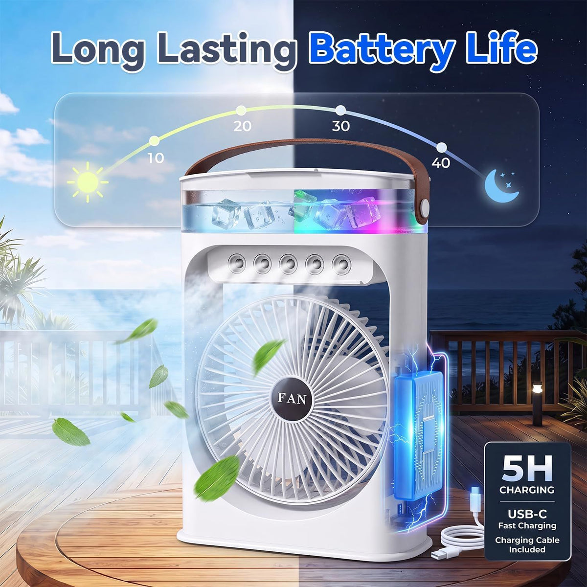 Portable Misting Camping Fan with Water Tank and LED Light, Rechargeable Battery Powered Fan for Tents, Patio, Bedroom and Outdoor Use