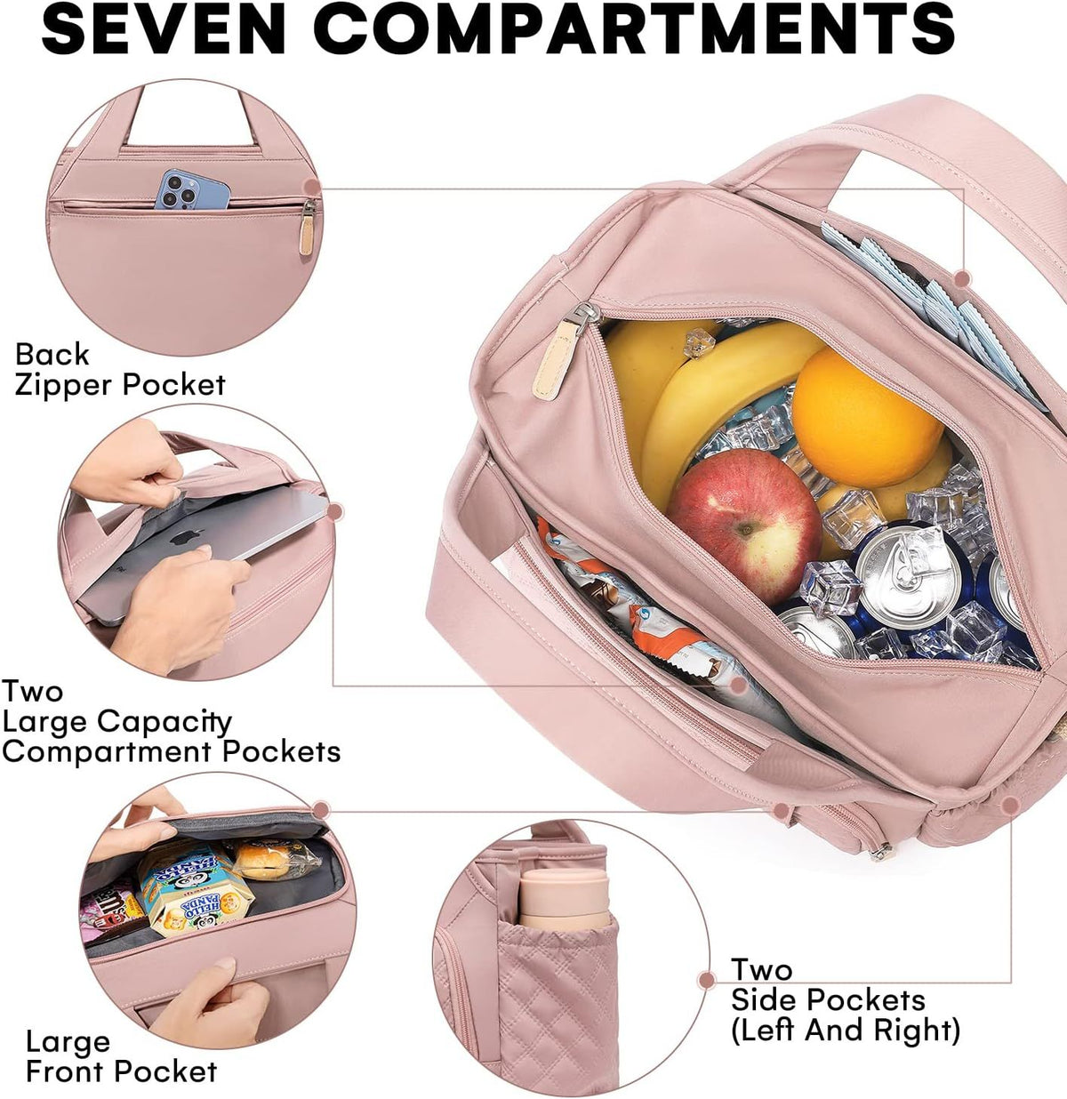 15 L Insulated Lunch Bag with 7 Pockets and Adjustable Strap, Leak Resistant Cooler Tote for Work, Picnics, Travel and Daily Meals, Pink