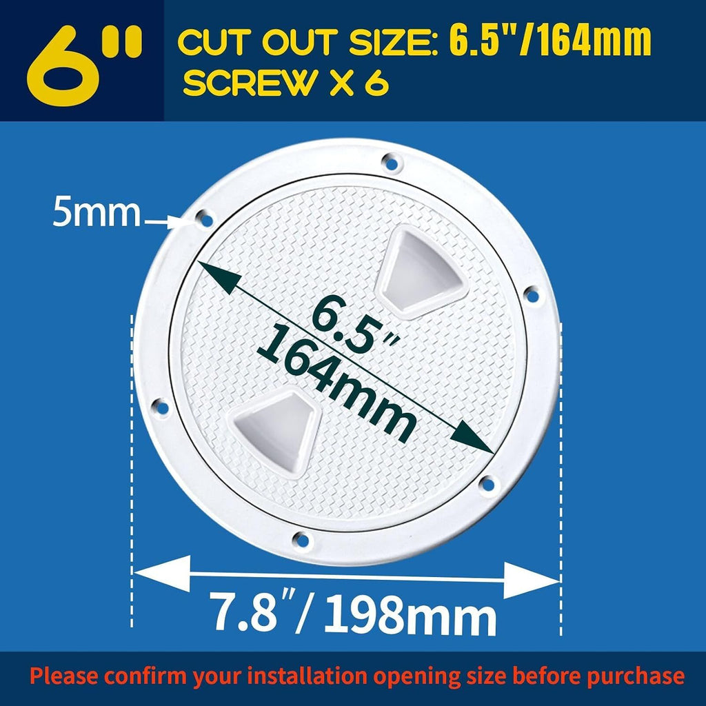 Round Marine Inspection Hatch with Detachable Non Slip Cover, Boat Deck Access Port for Yachts, Kayaks and Storage, White, 15.2 cm
