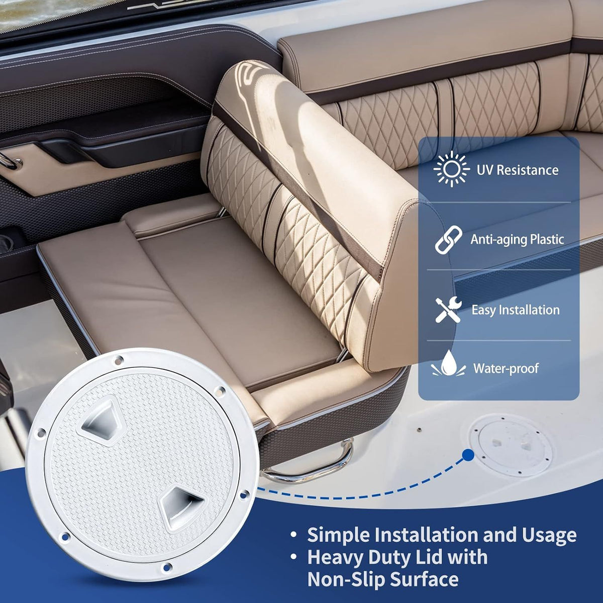 Round Marine Inspection Hatch with Detachable Non Slip Cover, Boat Deck Access Port for Yachts, Kayaks and Storage, White, 15.2 cm