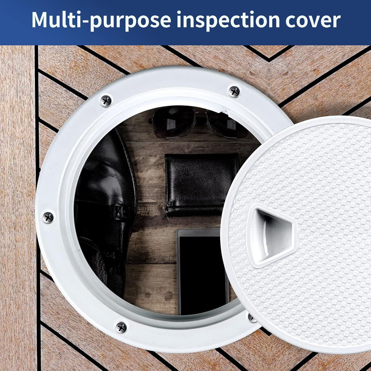 Round Marine Inspection Hatch with Detachable Non Slip Cover, Boat Deck Access Port for Yachts, Kayaks and Storage, White, 15.2 cm