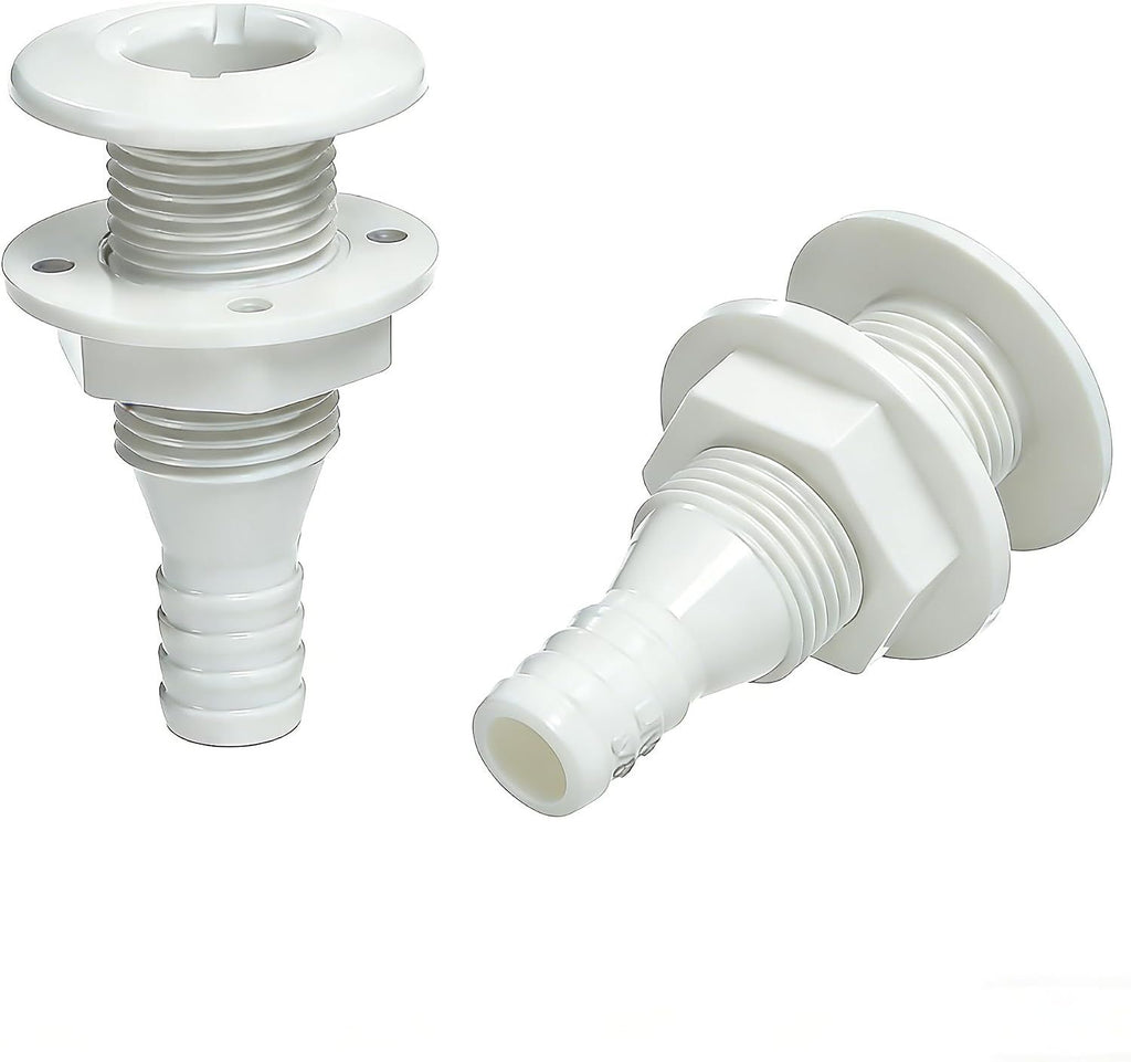 2 Pack Marine Through Hull Fittings, White Boat Drain and Hose Connectors for Water Tanks, Bilge Systems and Marine Plumbing, 1.6 cm