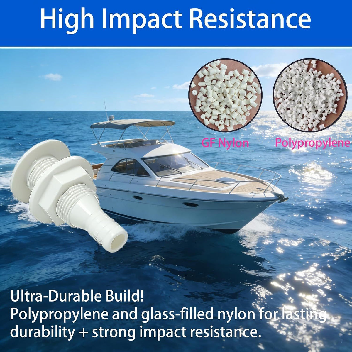 2 Pack Marine Through Hull Fittings, White Boat Drain and Hose Connectors for Water Tanks, Bilge Systems and Marine Plumbing, 1.6 cm