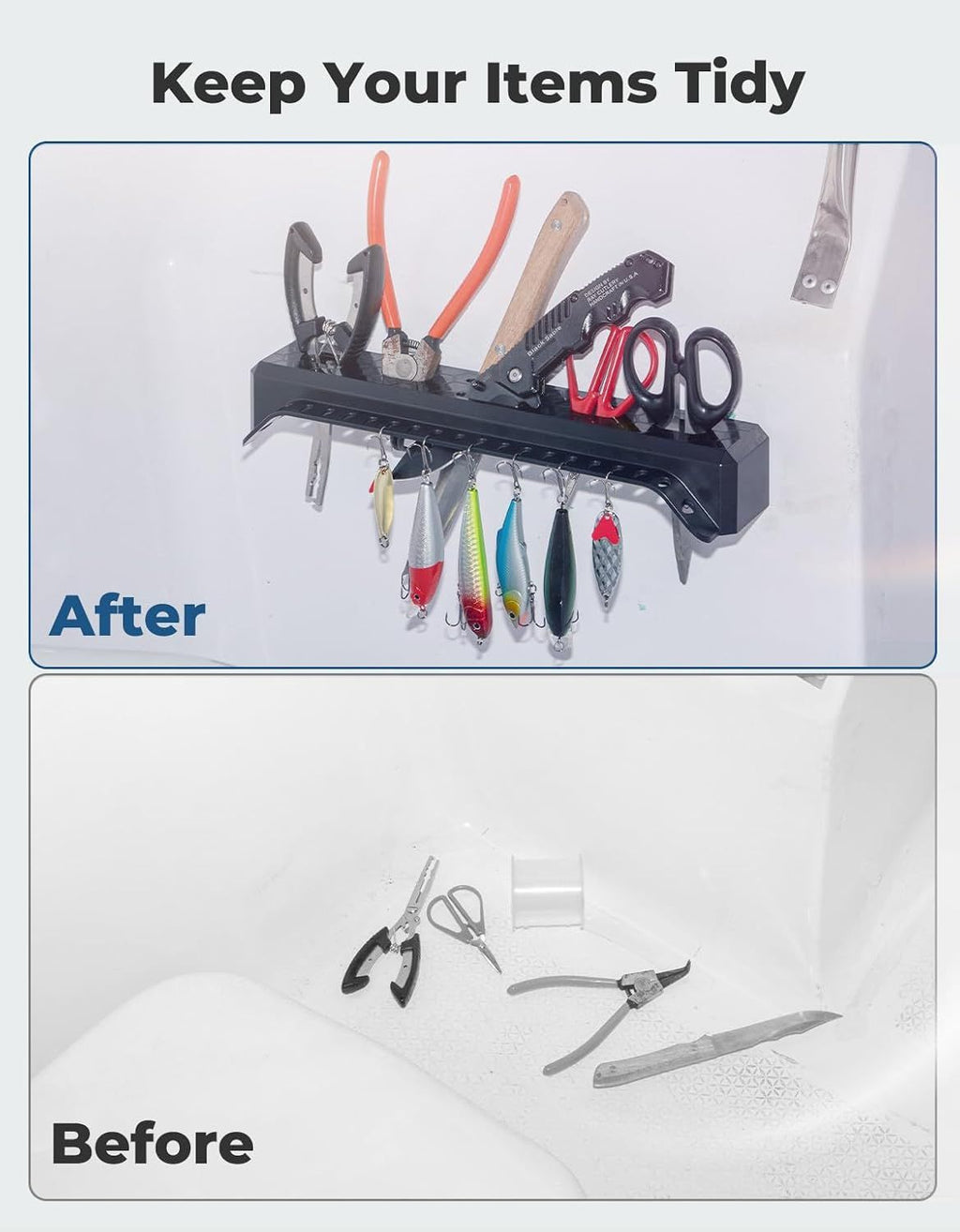 Marine Fishing Tool Holder Rack, Boat Mounted Organiser for Hooks, Knives, Pliers, Bait, Lures and Tackle Storage, Black