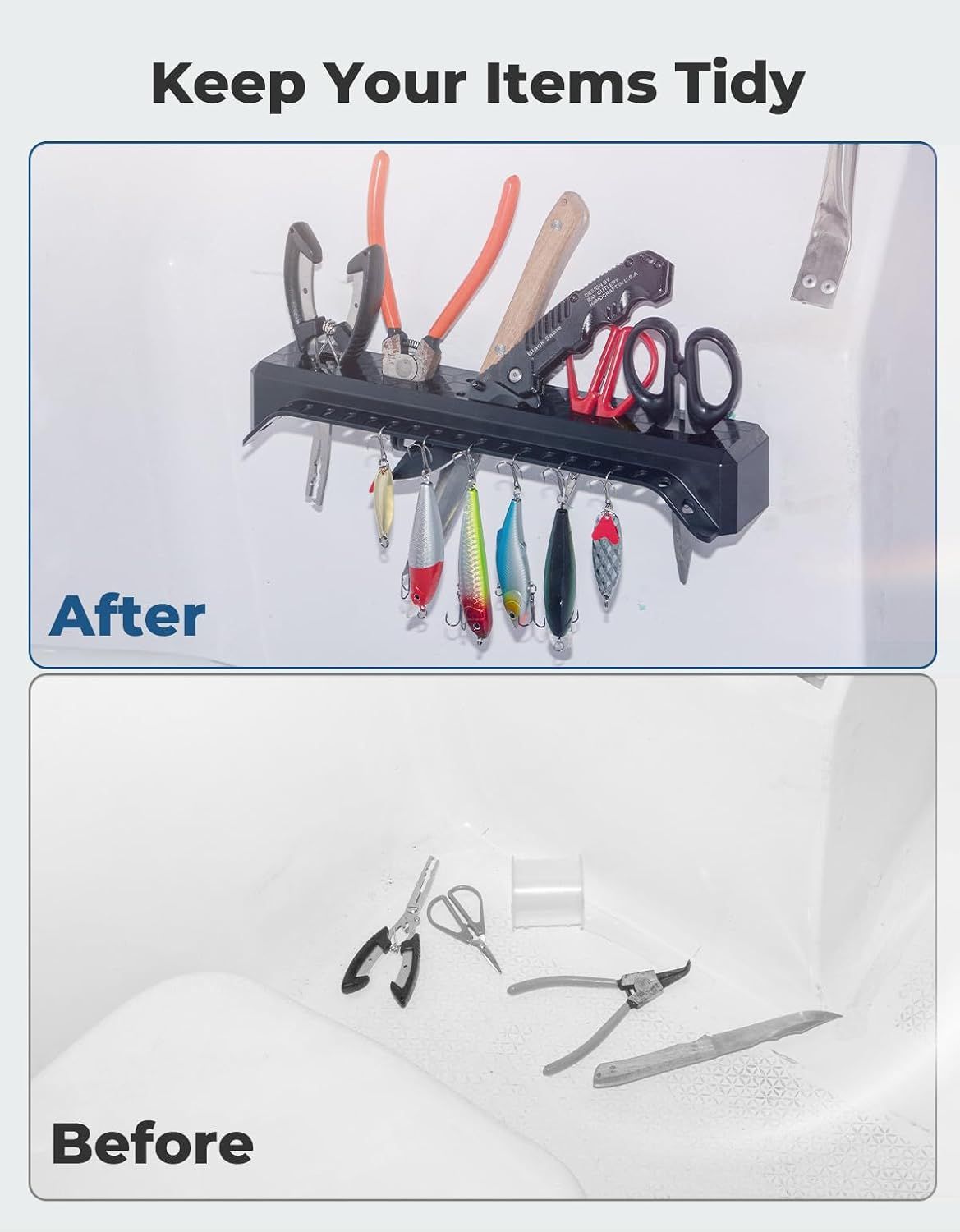 Marine Fishing Tool Holder Rack, Boat Mounted Organiser for Hooks, Knives, Pliers, Bait, Lures and Tackle Storage, Black