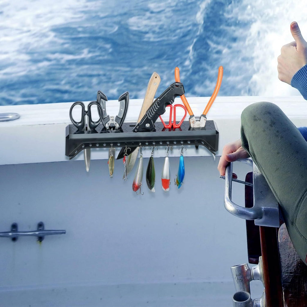 Marine Fishing Tool Holder Rack, Boat Mounted Organiser for Hooks, Knives, Pliers, Bait, Lures and Tackle Storage, Black