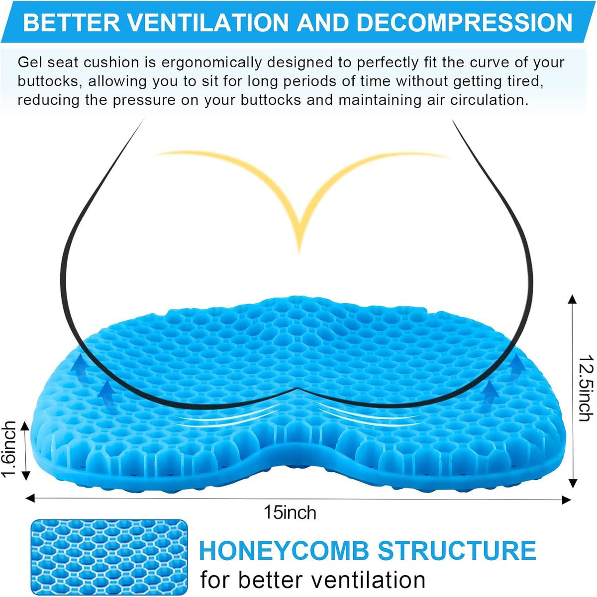 Anti Slip Gel Kayak Seat Cushion with Waterproof Cover, Thick Canoe and Boat Seat Pad for Paddling, Fishing and Outdoor Comfort, Blue