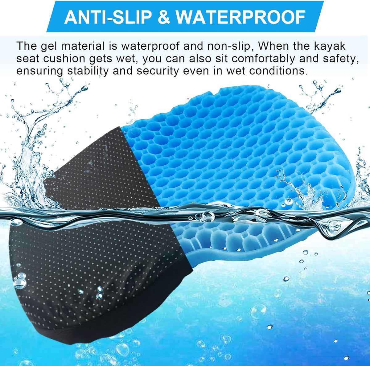 Anti Slip Gel Kayak Seat Cushion with Waterproof Cover, Thick Canoe and Boat Seat Pad for Paddling, Fishing and Outdoor Comfort, Blue