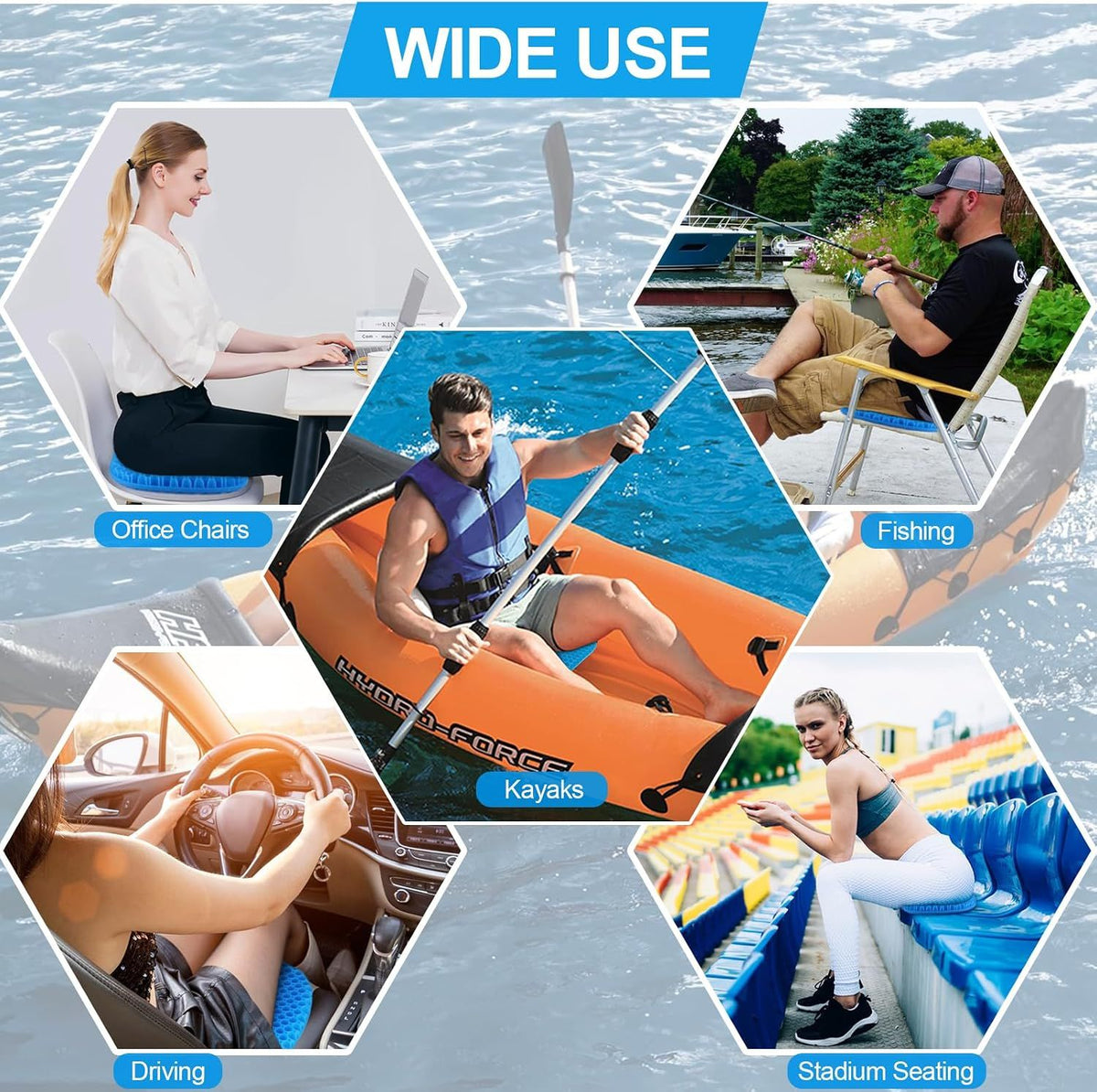 Anti Slip Gel Kayak Seat Cushion with Waterproof Cover, Thick Canoe and Boat Seat Pad for Paddling, Fishing and Outdoor Comfort, Blue