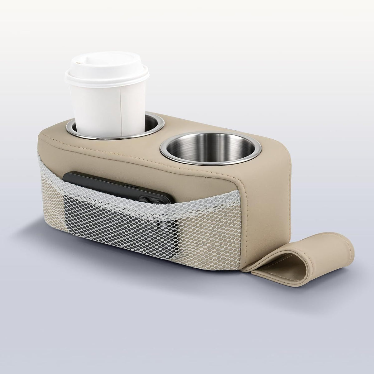 Stainless Steel Double Pontoon Cup Holder with Side Pocket, Marine Drink Holder for Boat Seats, RVs, Cars and Camping Chairs, Khaki