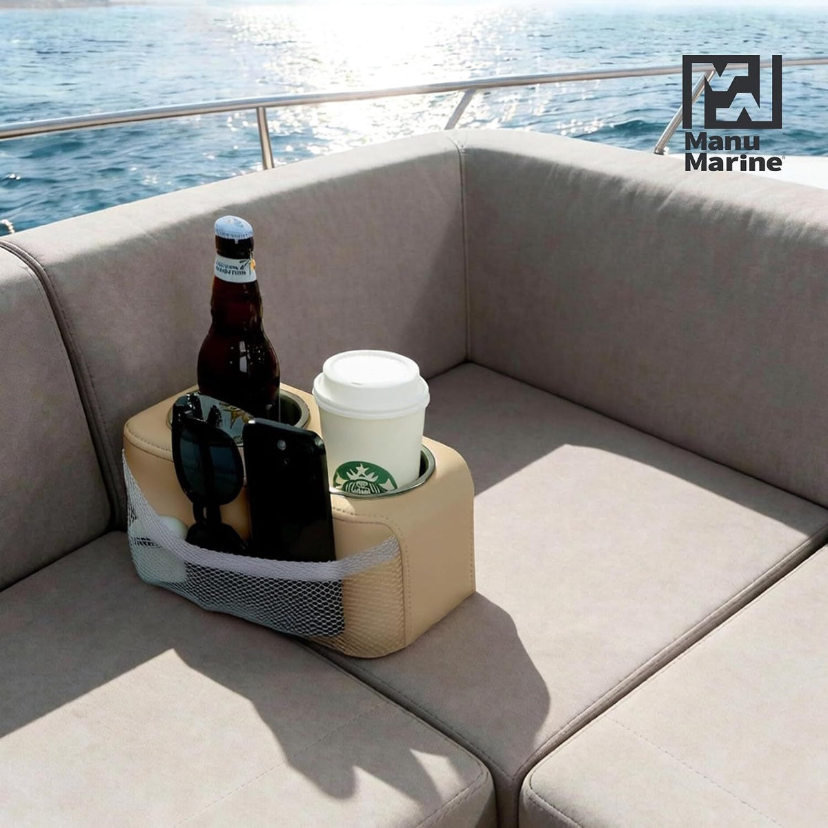 Stainless Steel Double Pontoon Cup Holder with Side Pocket, Marine Drink Holder for Boat Seats, RVs, Cars and Camping Chairs, Khaki