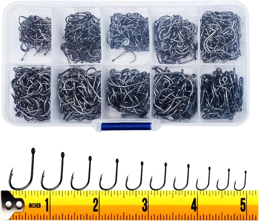 300 Piece High Carbon Steel Barbed Fishing Hook Set, Assorted Hooks with Eyes in 10 Sizes for Freshwater, Saltwater and Tackle Boxes