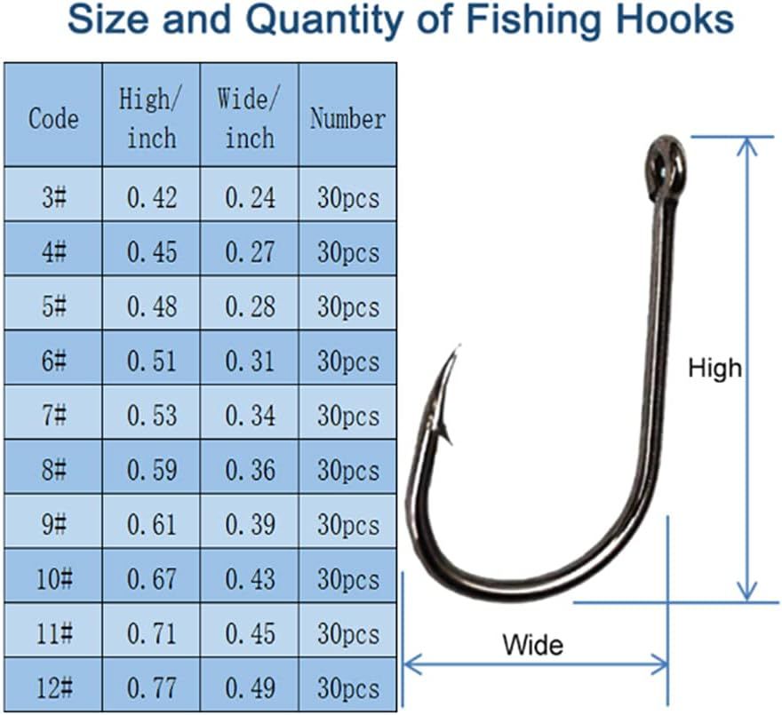 300 Piece High Carbon Steel Barbed Fishing Hook Set, Assorted Hooks with Eyes in 10 Sizes for Freshwater, Saltwater and Tackle Boxes