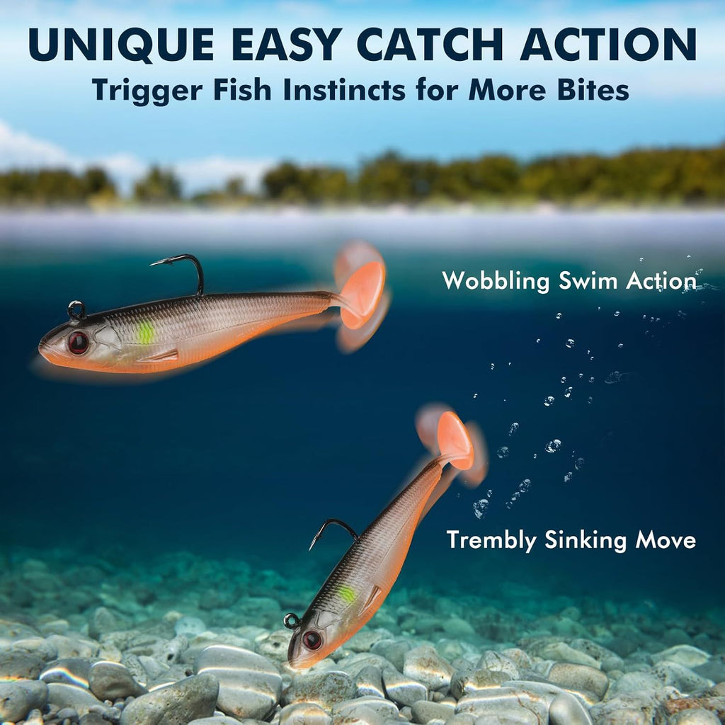 Pre Rigged Soft Swimbait Fishing Lures with Hooks, Sinking Vibration Baits for Bass, Trout, Crappie, Walleye and Freshwater Fishing