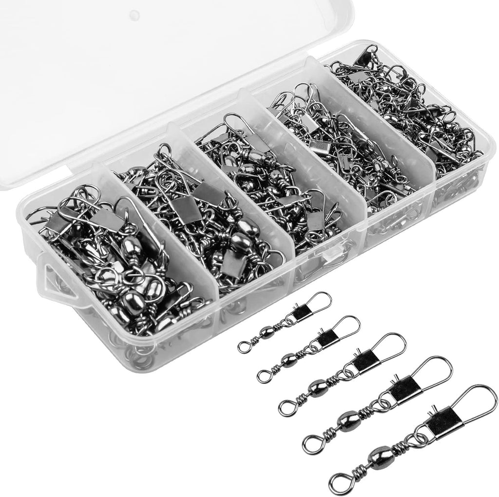 200 Piece Fishing Ball Bearing Swivels with Snaps, 5 Size Anti Twist Connectors for Saltwater, Freshwater and Tackle Boxes