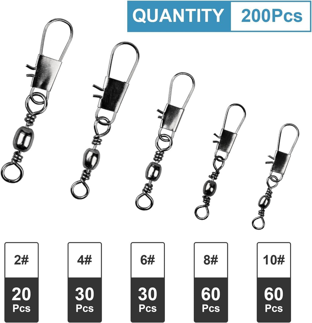 200 Piece Fishing Ball Bearing Swivels with Snaps, 5 Size Anti Twist Connectors for Saltwater, Freshwater and Tackle Boxes