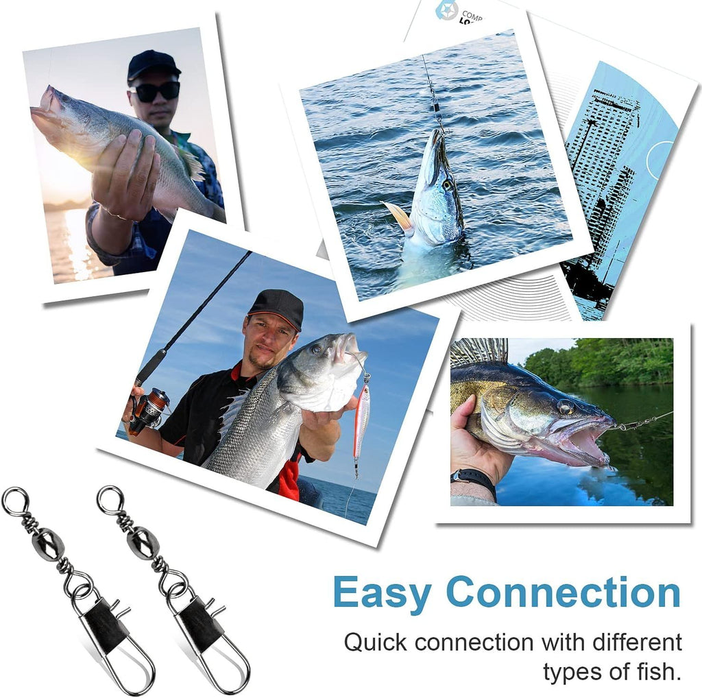 200 Piece Fishing Ball Bearing Swivels with Snaps, 5 Size Anti Twist Connectors for Saltwater, Freshwater and Tackle Boxes