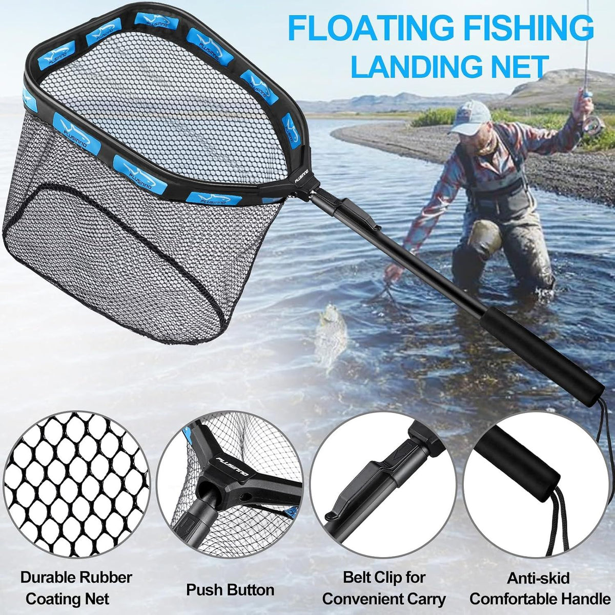 Floating Folding Fishing Landing Net, Rubber Coated Net with Fixed or Telescopic Handle for Kayak, Fly, Trout, Salmon and Bass Fishing