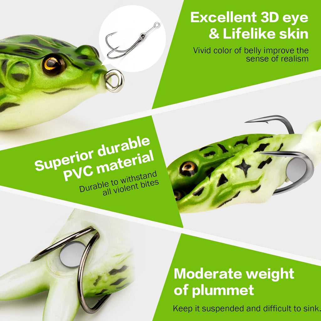5 Pack Topwater Prop Frog Lures, Realistic Floating Soft Swimbaits with Weedless Hooks for Bass, Trout and Freshwater or Saltwater Fishing