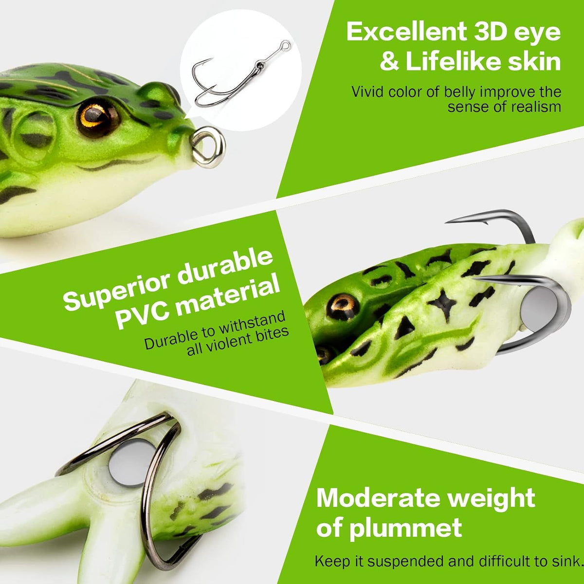5 Pack Topwater Prop Frog Lures, Realistic Floating Soft Swimbaits with Weedless Hooks for Bass, Trout and Freshwater or Saltwater Fishing
