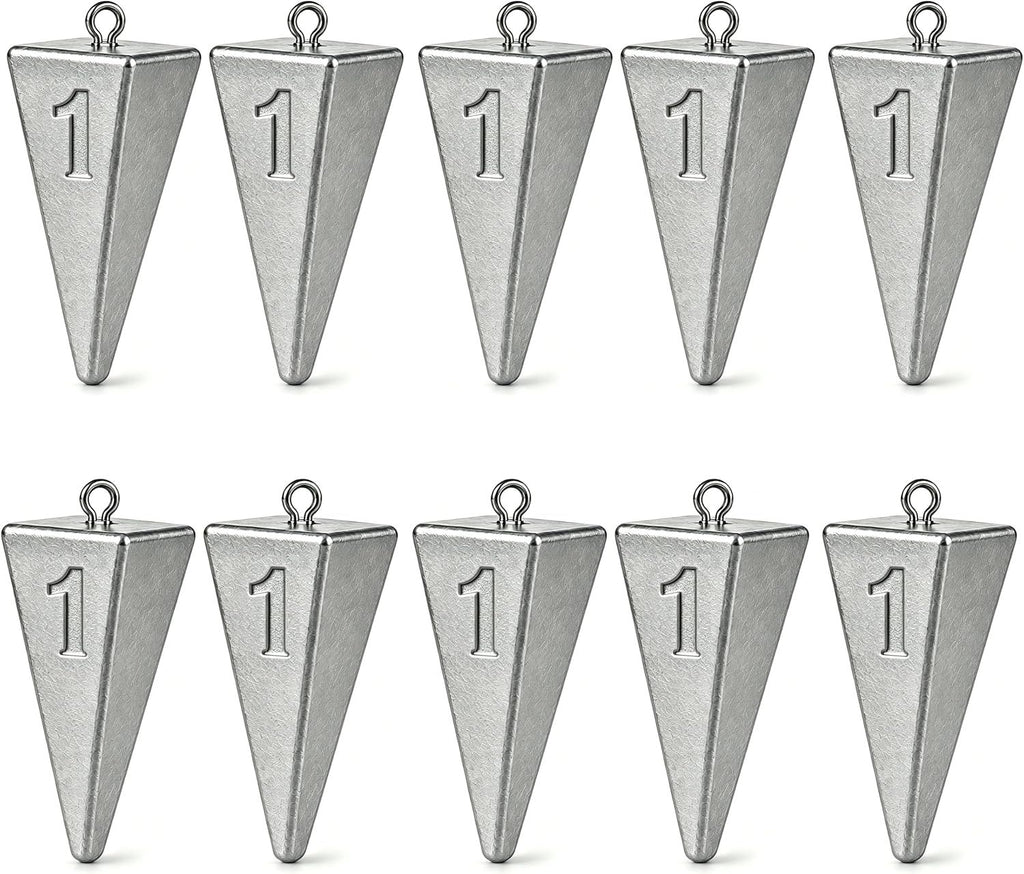 10 Pack Pyramid Fishing Sinkers, 28 g No Roll Triangle Weights for Surf, Beach, Pier and Ocean Saltwater Fishing Tackle