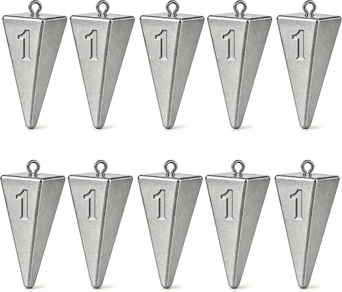 10 Pack Pyramid Fishing Sinkers, 28 g No Roll Triangle Weights for Surf, Beach, Pier and Ocean Saltwater Fishing Tackle