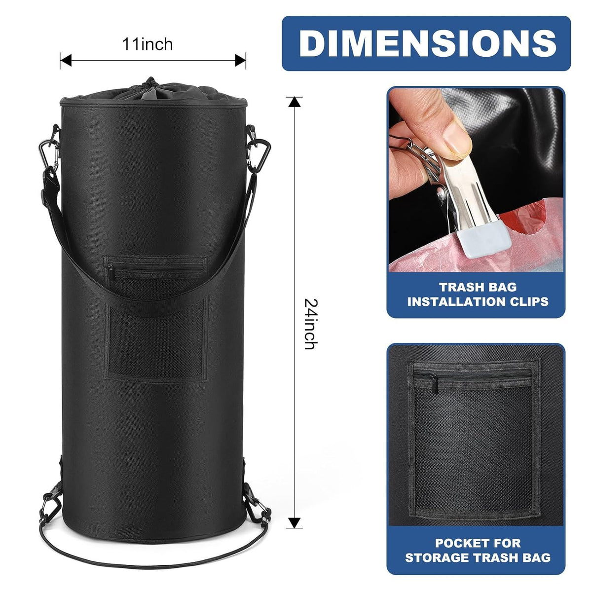 13 Gallon (49L) Waterproof Marine Trash Bag Holder with 6 Clips and Pocket, Reusable Waste Bin for Boat, Fishing, Sandbars & Camping, Black
