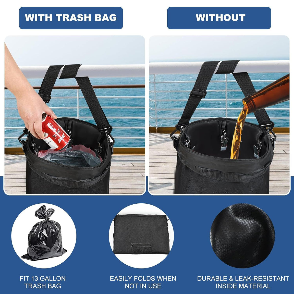 13 Gallon (49L) Waterproof Marine Trash Bag Holder with 6 Clips and Pocket, Reusable Waste Bin for Boat, Fishing, Sandbars & Camping, Black