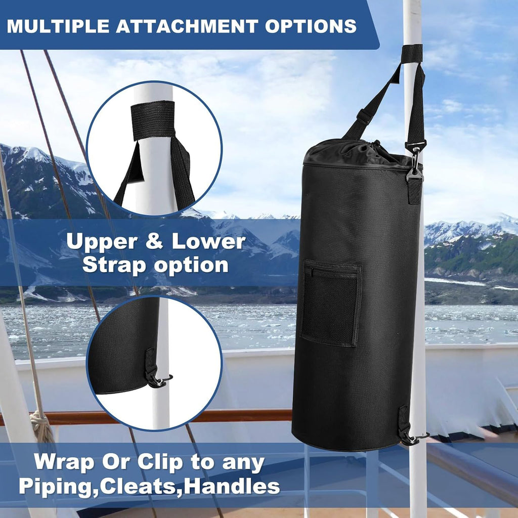 13 Gallon (49L) Waterproof Marine Trash Bag Holder with 6 Clips and Pocket, Reusable Waste Bin for Boat, Fishing, Sandbars & Camping, Black