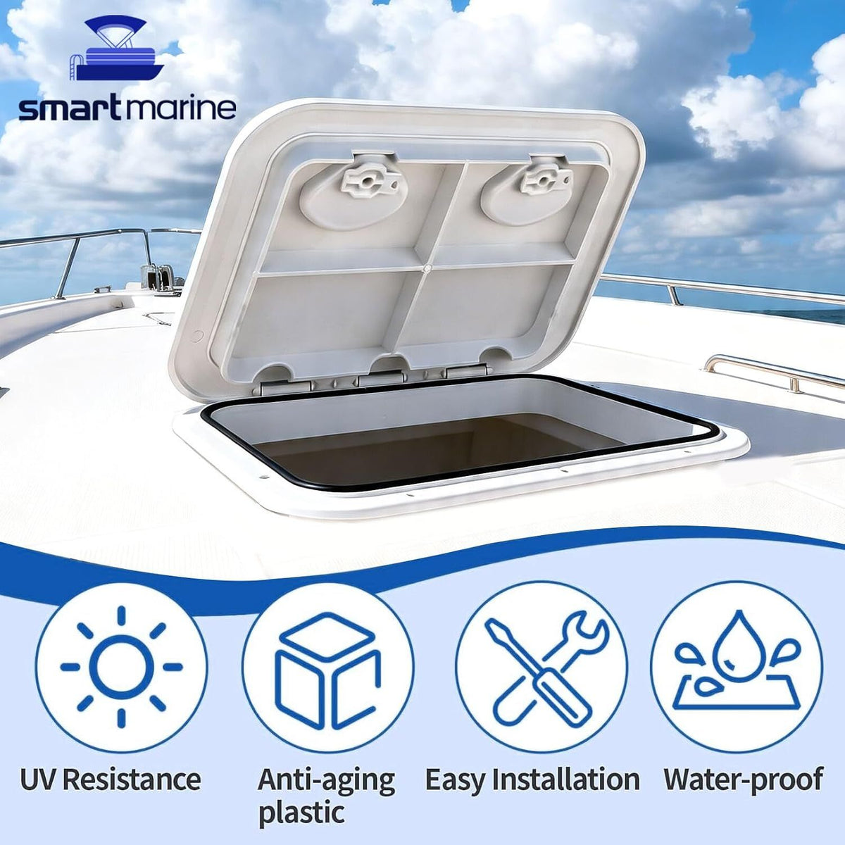 Rectangular Marine Deck Access Hatch with Lid, Boat Storage Inspection Hatch for Yachts, Kayaks and Compartments, White, 44 x 31.5 cm