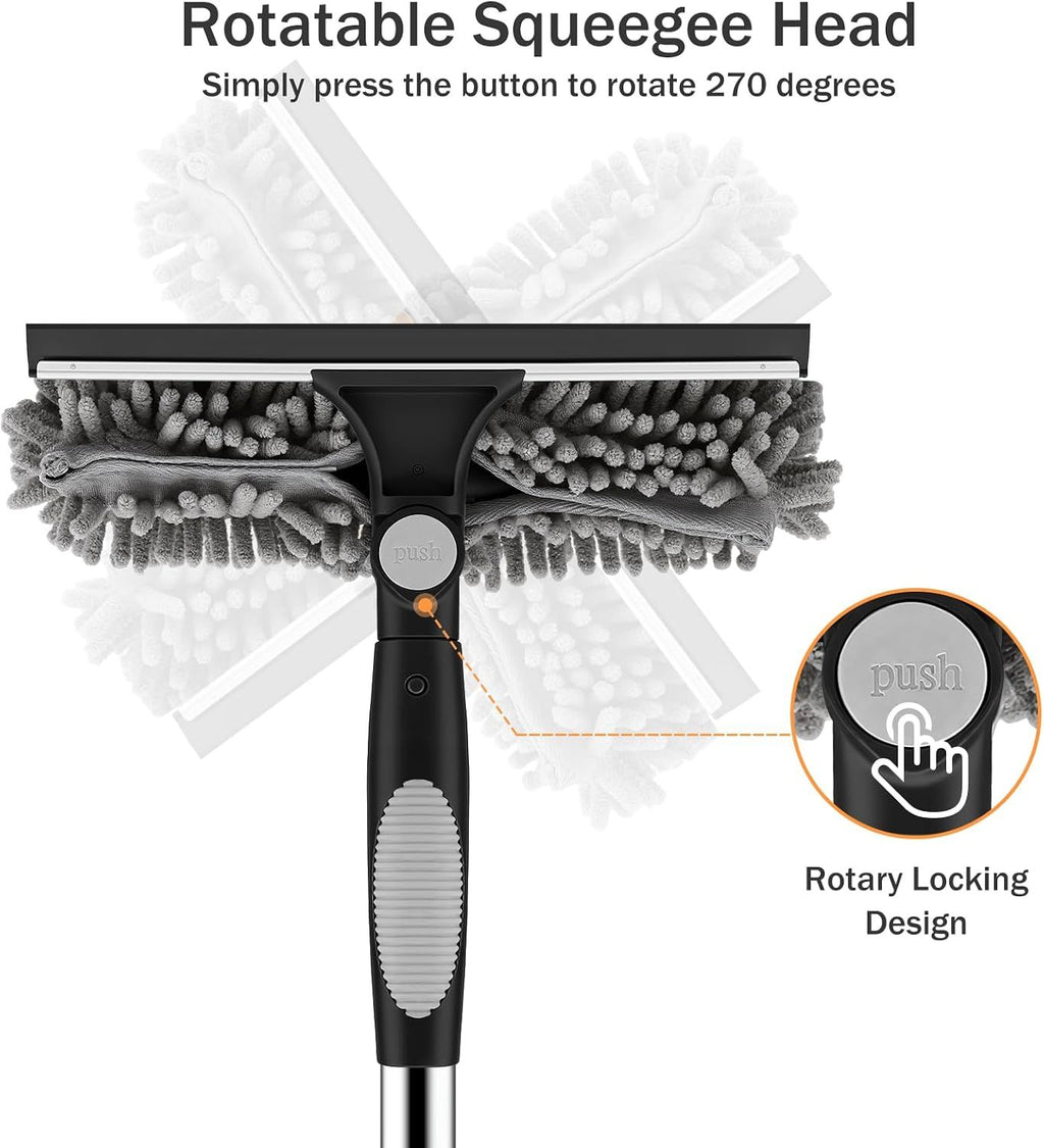 2-in-1 Window Squeegee Cleaning Kit with 10-Section Extension Pole, Rotating Head and 2 Scrubbers for Indoor, Outdoor and Car Glass, Black and Grey