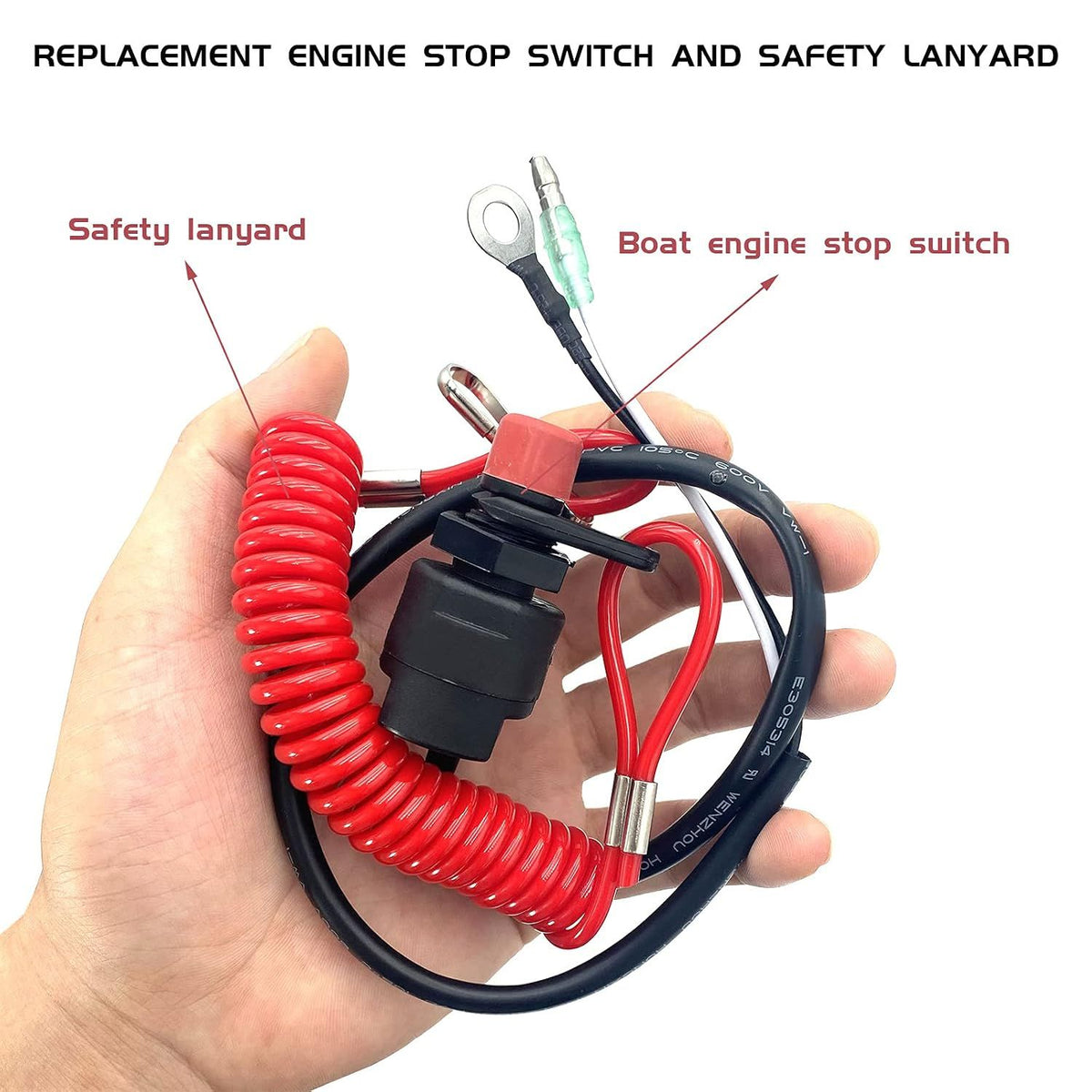 Boat Engine Emergency Stop Switch with Safety Tether Lanyard, Replacement Kill Switch Key for Yamaha, Tohatsu and Honda, 140 cm, Red