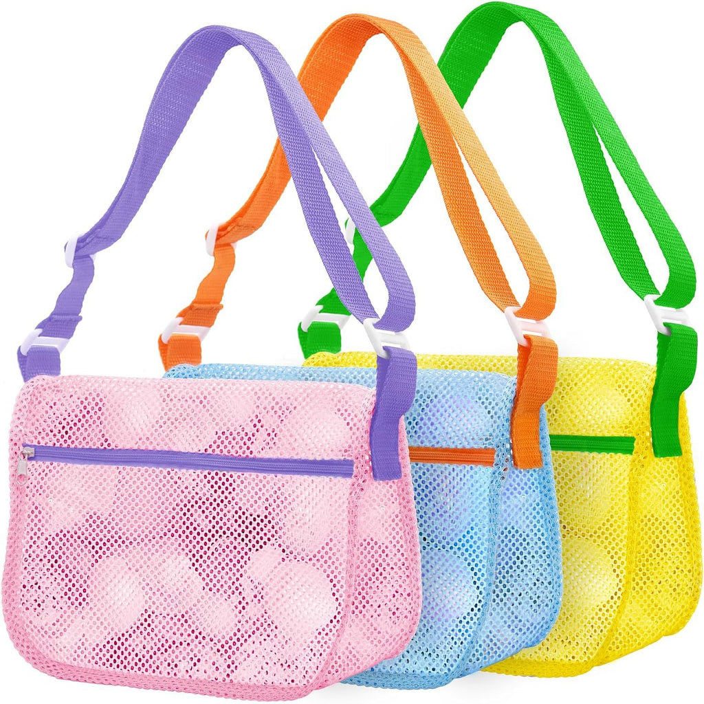 3 Pack Mesh Seashell Collecting Bags with Adjustable Straps, Lightweight Beach Storage Bags for Kids, Sand Toys and Shell Hunting, Multicolour