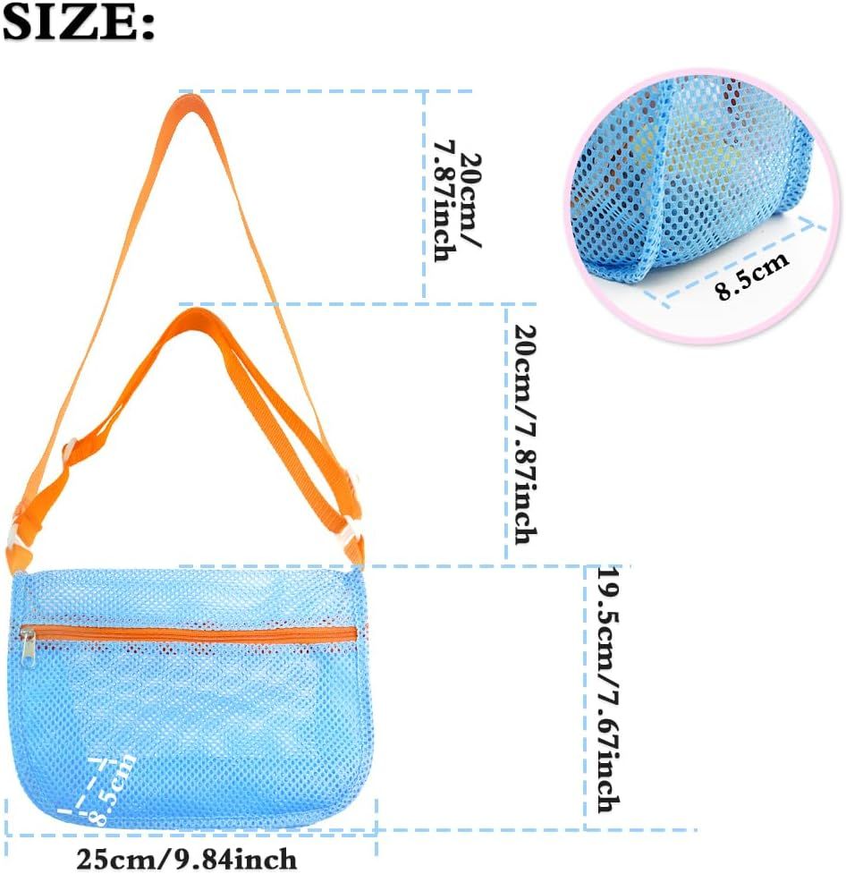 3 Pack Mesh Seashell Collecting Bags with Adjustable Straps, Lightweight Beach Storage Bags for Kids, Sand Toys and Shell Hunting, Multicolour
