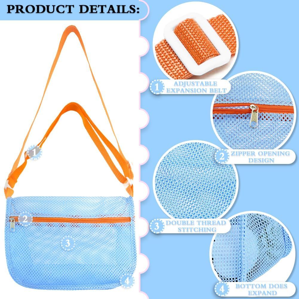 3 Pack Mesh Seashell Collecting Bags with Adjustable Straps, Lightweight Beach Storage Bags for Kids, Sand Toys and Shell Hunting, Multicolour