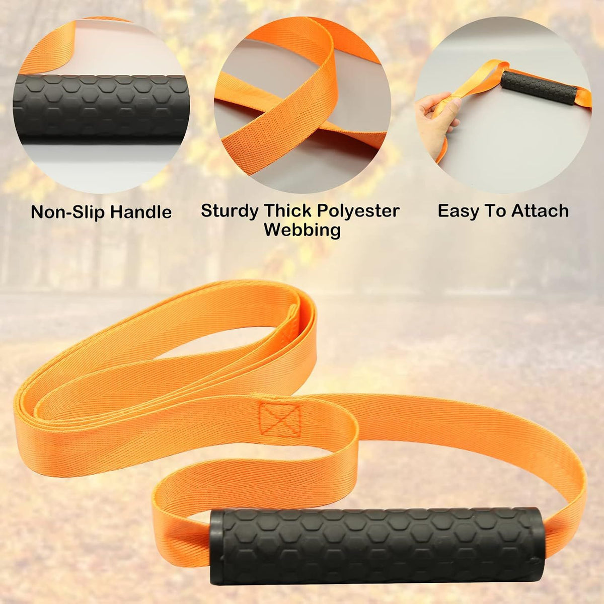3 Pack Deer Drag Ropes with Non-Slip Handles, Heavy-Duty Hunting Pull Straps for Game Retrieval, Field Dressing and Outdoor Use, Orange