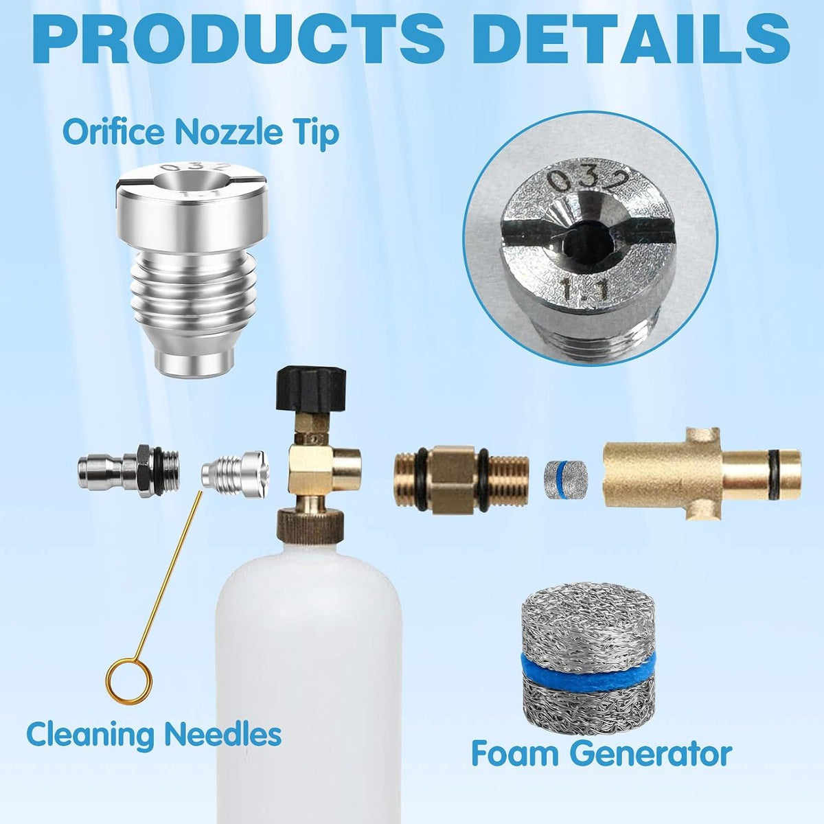 6 Pack 1.1 mm Foam Cannon Orifice Nozzles and Mesh Filter Kit with Universal Thread Tips for Pressure Washer Snow Foam Cannons