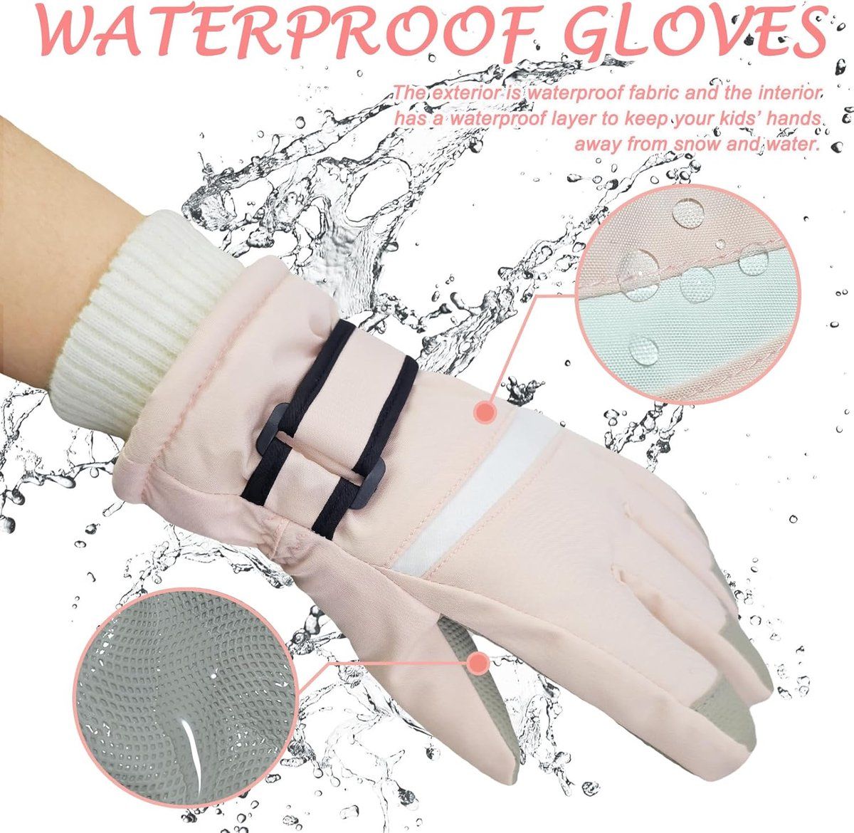 Children's Ski Gloves, Thick Warm Waterproof Windproof Winter Snow Gloves for Outdoor Cold Weather Wear, Size M, Pink