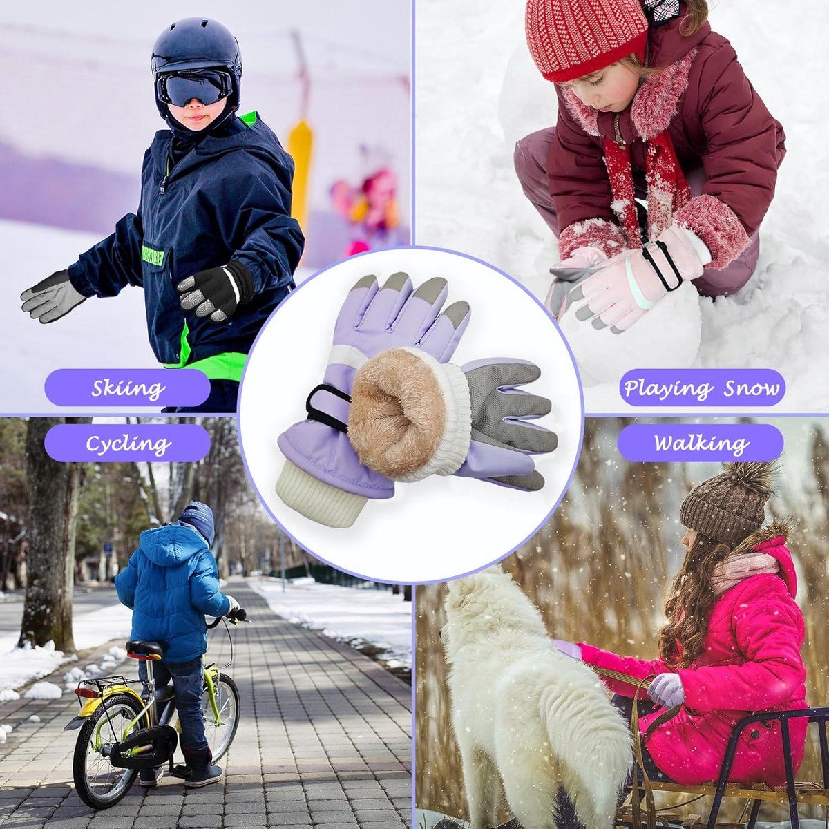 Children's Ski Gloves, Thick Warm Waterproof Windproof Winter Snow Gloves for Outdoor Cold Weather Wear, Size M, Purple