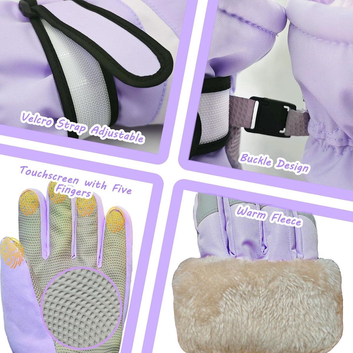 Children's Ski Gloves, Thick Warm Waterproof Windproof Winter Snow Gloves for Outdoor Cold Weather Wear, Size M, Purple