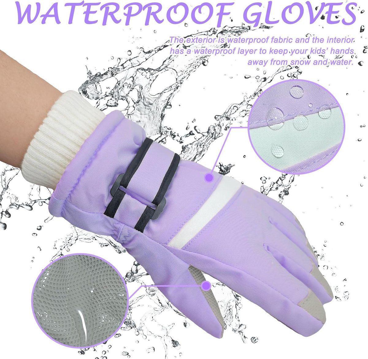Children's Ski Gloves, Thick Warm Waterproof Windproof Winter Snow Gloves for Outdoor Cold Weather Wear, Size M, Purple