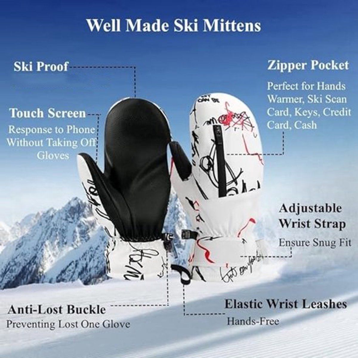 Warm Winter Ski Gloves, Waterproof Ski Mittens, Cotton-Lined Wrist Protector with Touchscreen Function, White Alphabet Graffiti