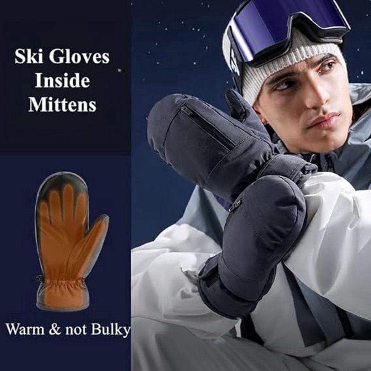 Warm Winter Ski Gloves, Waterproof Ski Mittens, Cotton-Lined Wrist Protector with Touchscreen Function, White Alphabet Graffiti