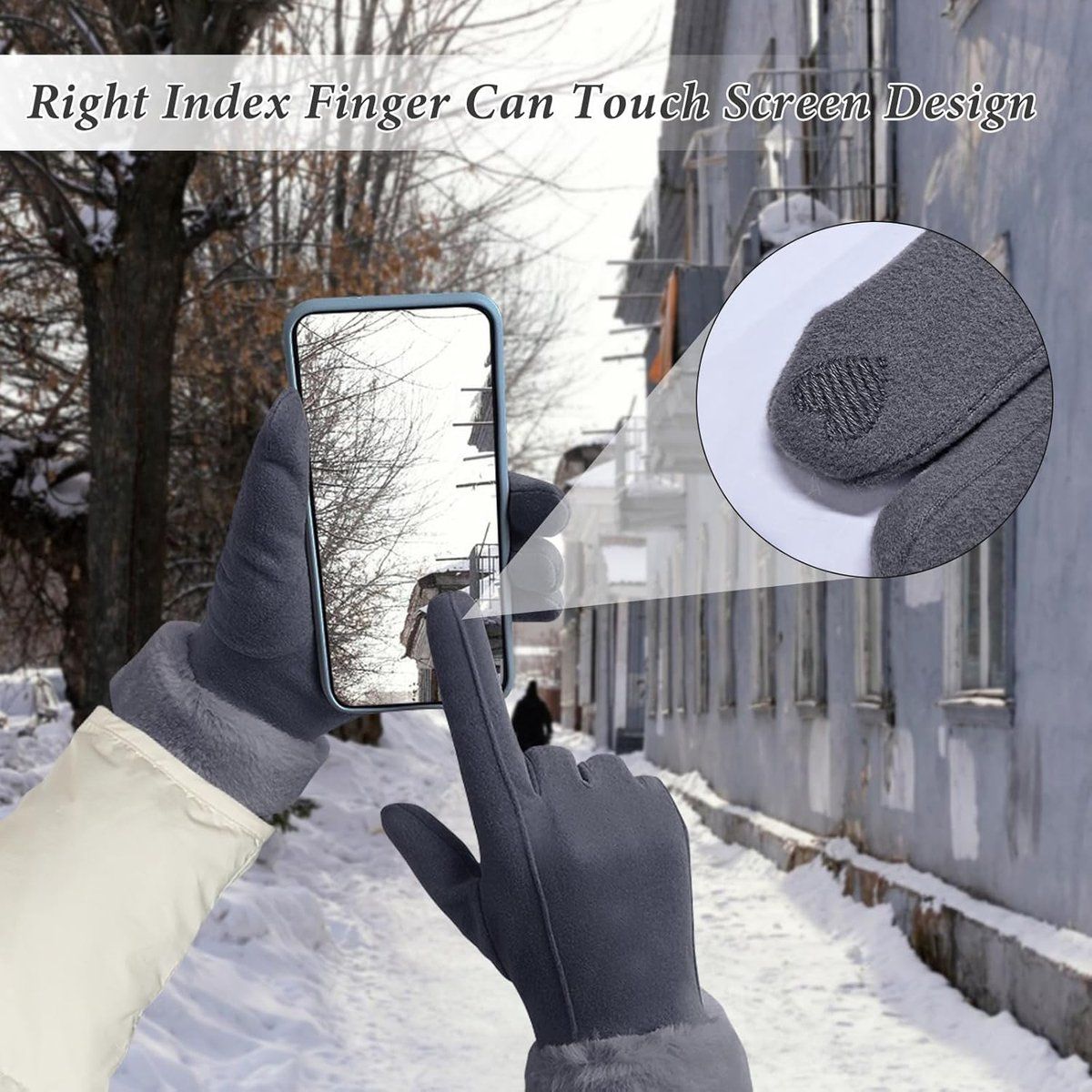 Winter Gloves, windproof gloves, Warm winter gloves for women, Fleece-lined gloves, Thermal touchscreen, 20 x 23 cm, Grey